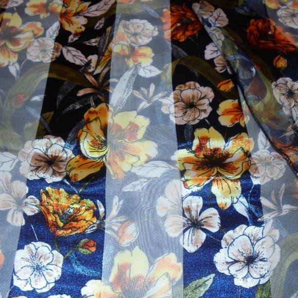 Scarf floral satin chiffon dark blue - gold - Picture 4 of 5